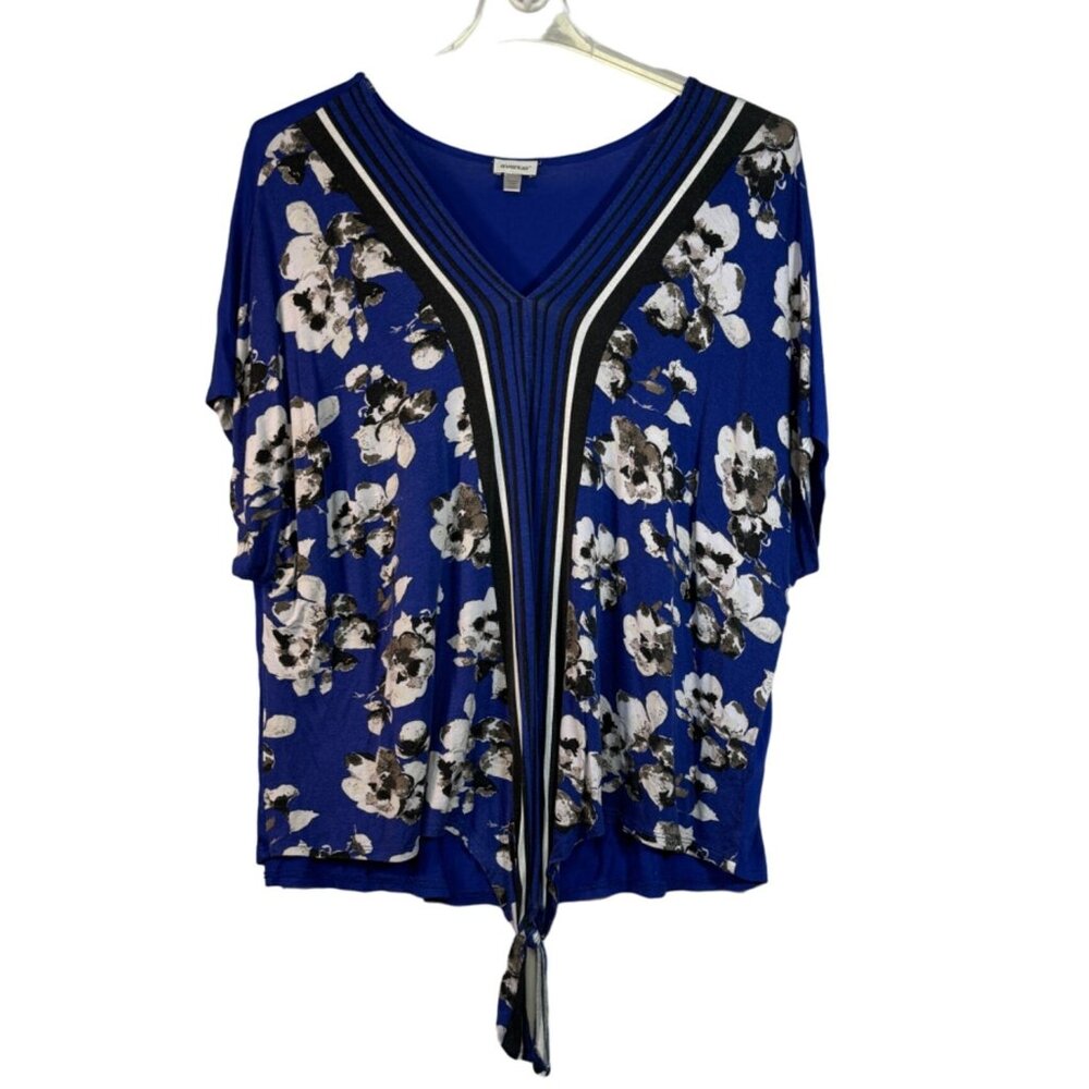 Avenue Women's Plus Size 22/24 Floral Blue V-Neck Tie Front Blouse
